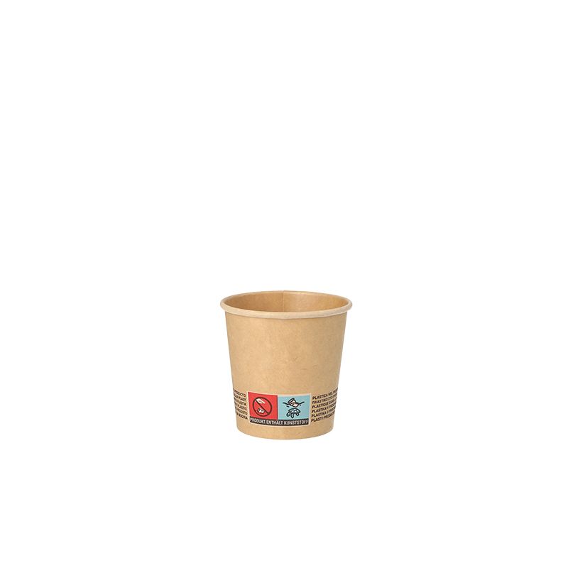 Un petit gobelet en carton brun simple de PAPSTAR GmbH, appelé PAPSTAR Gobelet en carton 0,1 l Ø 6 cm brun, est certifié FSC® et biodégradable. Il est muni d'un symbole d'avertissement et d'un signe de recyclage sur le côté. Le gobelet vide est centré sur un fond blanc éclatant.