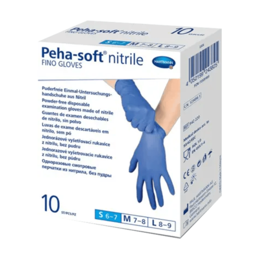 Une boîte de gants jetables Peha-soft® nitrile fino sans latex de Paul Hartmann AG. La boîte est étiquetée en plusieurs langues et souligne l'absence de poudre et le caractère jetable des gants pour un usage médical.