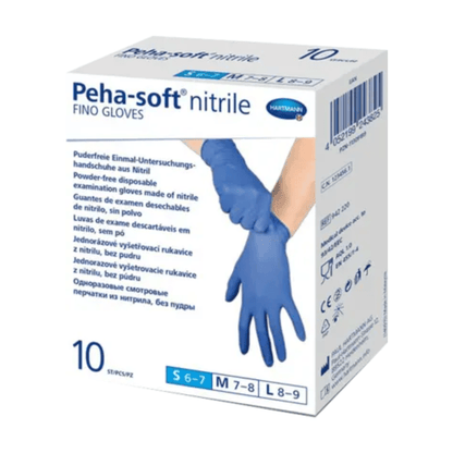 Une boîte de gants jetables Peha-soft® nitrile fino sans latex de Paul Hartmann AG. La boîte est étiquetée en plusieurs langues et souligne l'absence de poudre et le caractère jetable des gants pour un usage médical.