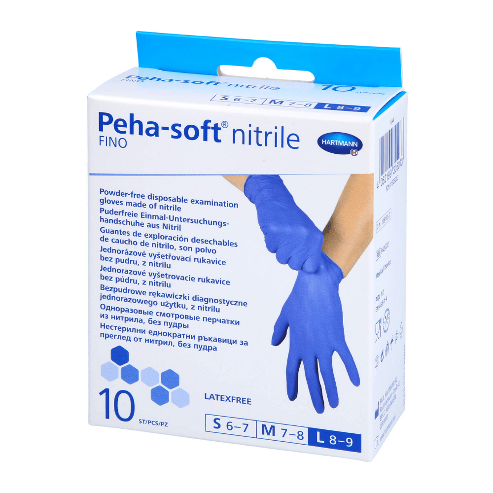 Une boîte de gants jetables Peha-soft® nitrile fino de Paul Hartmann AG, gants d'examen jetables sans poudre. L'emballage répertorie les tailles disponibles et indique que les gants sont sans latex, avec des informations sur le produit en plusieurs langues.