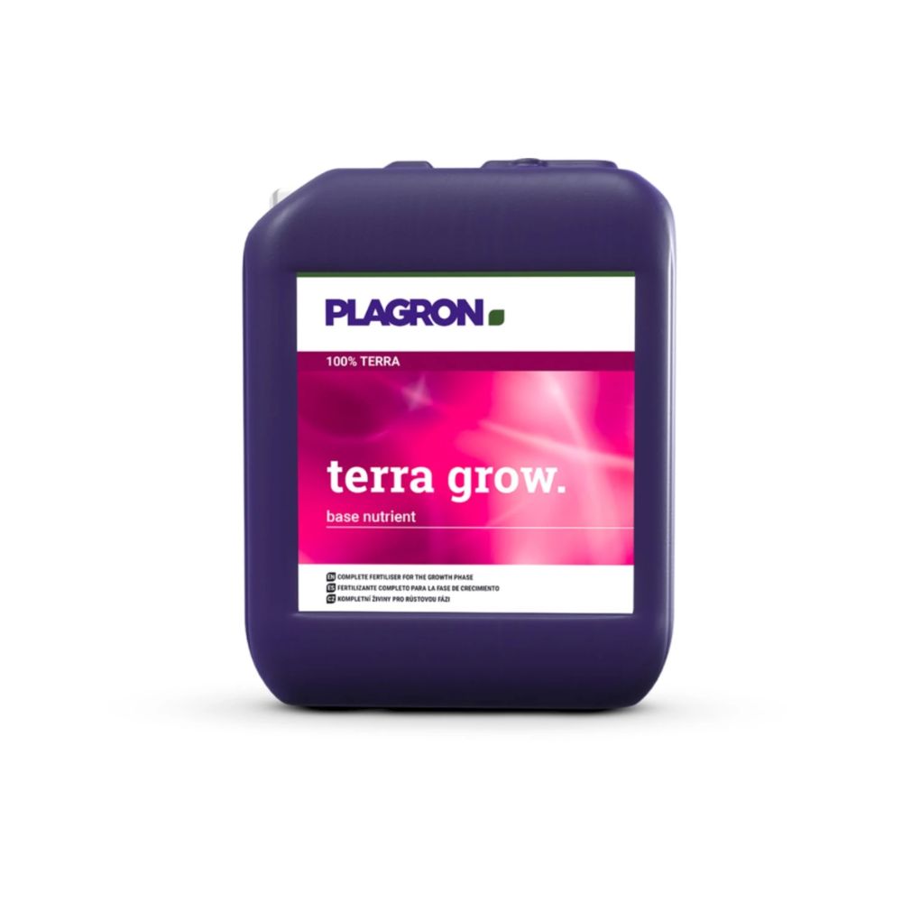 Un conteneur violet avec Plagron Terra Grow de Bertels B.V. est présenté avec une étiquette blanche et une section rose, mettant en avant son rôle dans la promotion d'une croissance plus rapide des plantes pendant la phase de croissance.