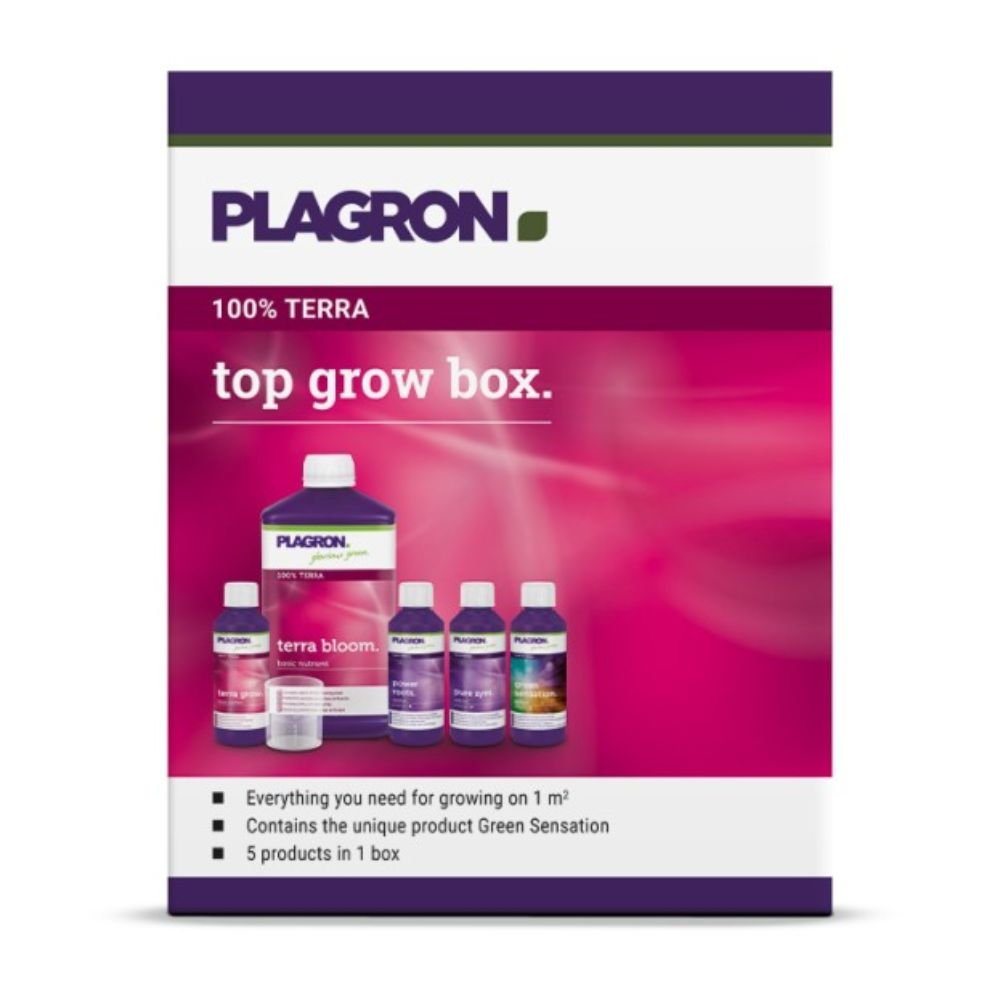 La « Plagron Top Grow Box 100% Terra - Kit de culture pour terre | 1 pièce » de Bertels B.V. comprend des bouteilles telles que « Terra Bloom » et « Terra Grow ». La boîte est conçue en violet et rose et est accompagnée d'un texte décrivant ses caractéristiques et son contenu.