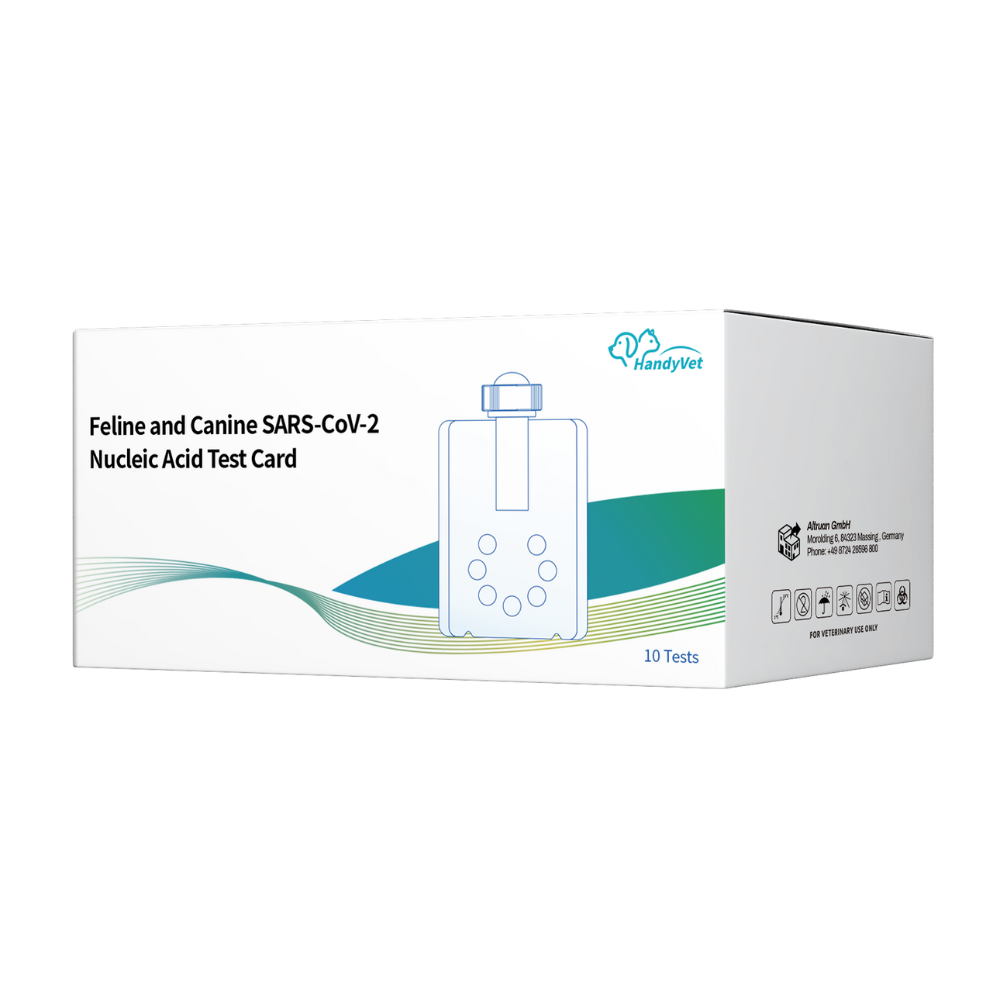 Eine weiße Box mit der Aufschrift "Handyvet SARS-CoV-2 PCR-Testkits für die Veterinärmedizin" von Pluslife, mit blauen und grünen Wellen, HandyVet-Logo und Symbolen für 10 Tests - ideal für veterinärmedizinische Anwendungen.