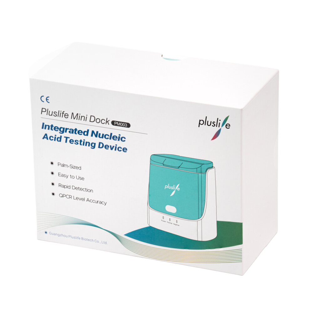 L'image montre une boîte blanche pour le dispositif de test d'acide nucléique intégré Pluslife (version vétérinaire). La taille compacte, le design convivial et la détection rapide avec précision QPCR sont mis en avant, ce qui le rend idéal pour une utilisation en médecine vétérinaire et comme dispositif de test PCR pour animaux de compagnie.