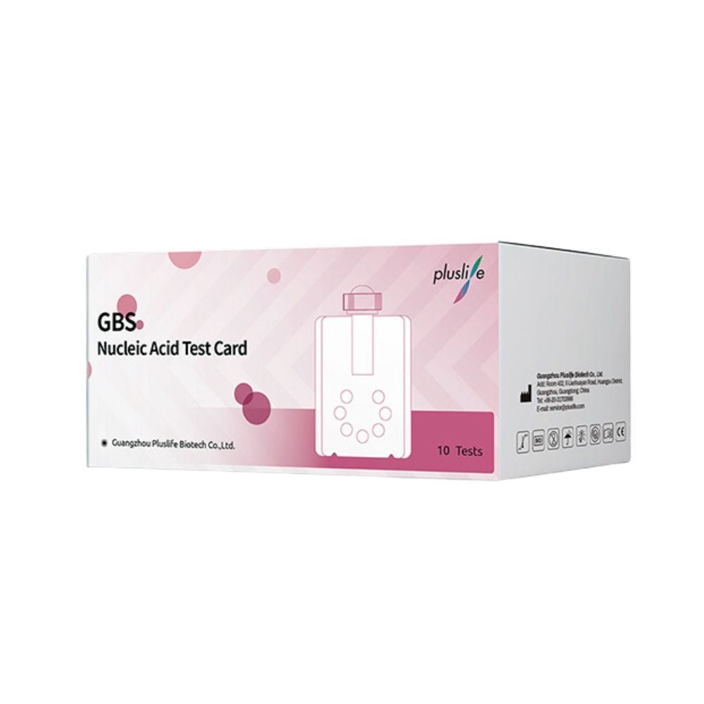 Les kits de test Streptocoque B Pluslife de MedRhein GmbH sont livrés dans une boîte rose et blanche, offrant une détection rapide in vitro pour les streptocoques du groupe B, contenant 10 tests et fabriqués par Guangzhou Pluslife Biotech Co., Ltd.