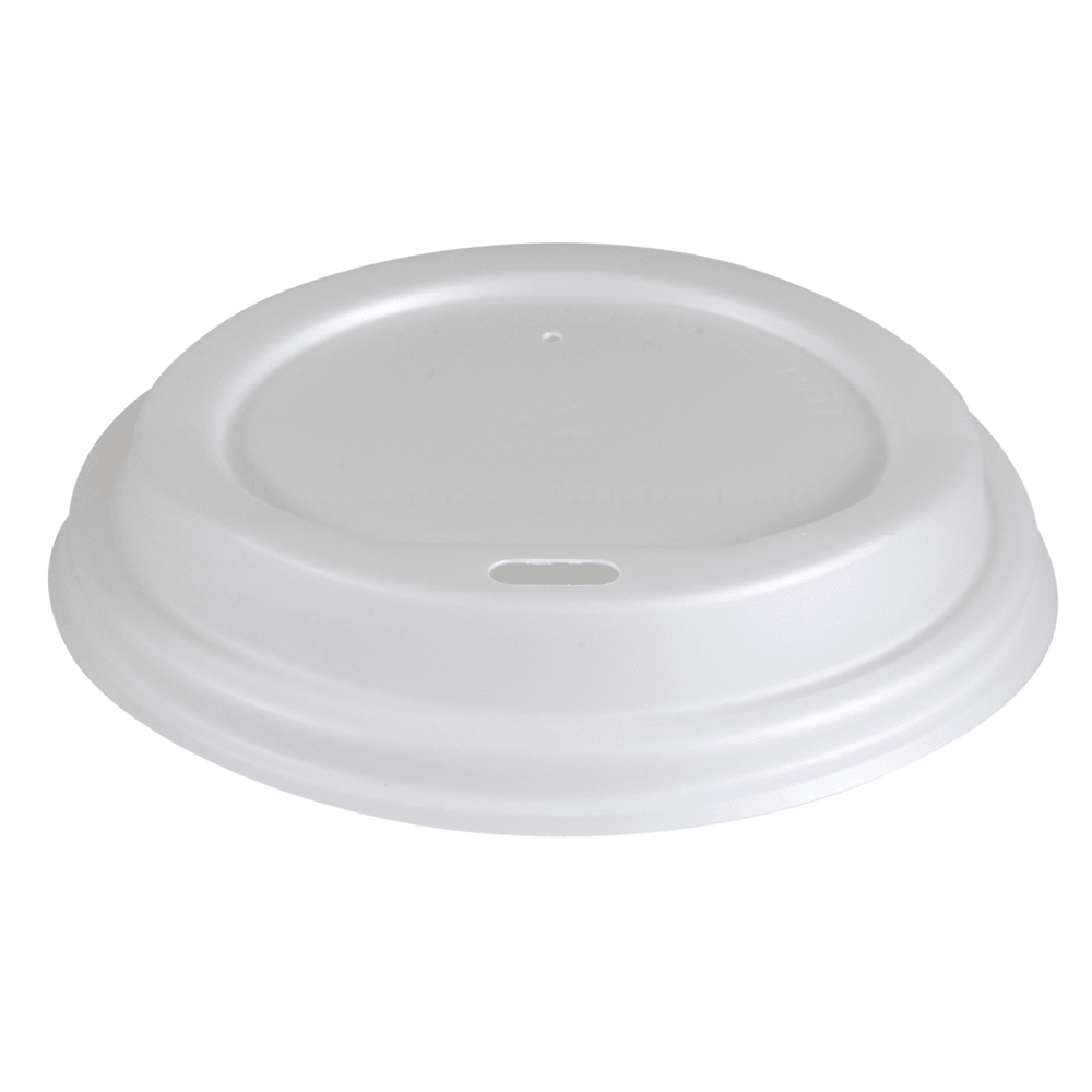 Le couvercle blanc pour gobelet bio de la société Abena Re-Seller GmbH en plastique biodégradable a un petit trou ovale pour boire et est visible de dessus sur un fond simple.