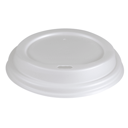 Le couvercle blanc pour gobelet bio de la société Abena Re-Seller GmbH en plastique biodégradable a un petit trou ovale pour boire et est visible de dessus sur un fond simple.
