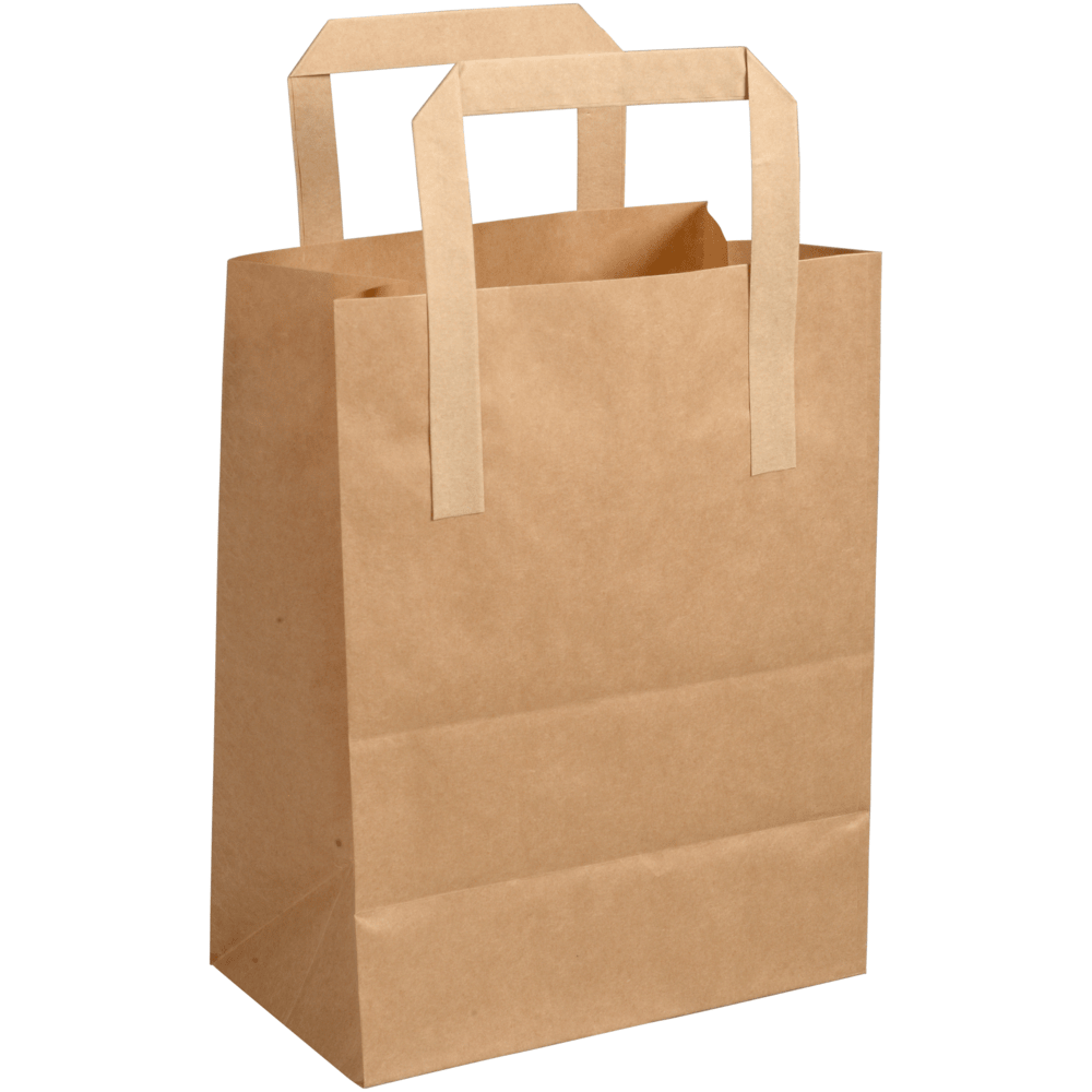 Le sac en papier avec poignée, marron de Abena Re-Seller GmbH, se tient debout sur un fond blanc. Le sac recyclable et respectueux de l'environnement est vide et a des côtés soigneusement pliés.