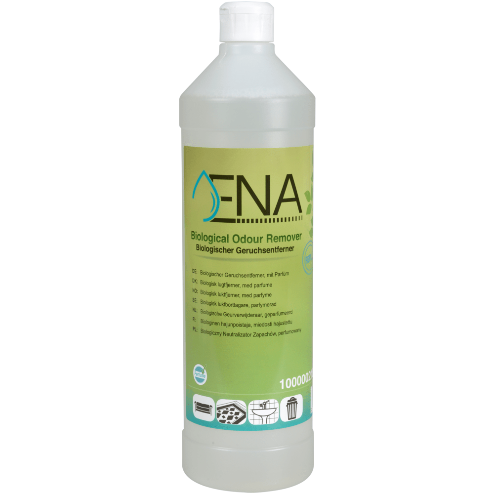 Une bouteille en plastique de 1 litre ENA Éliminateur Biologique d'Odeurs de Abena Re-Seller GmbH avec une étiquette verte et un bouchon blanc, avec des informations multilingues et des symboles pour une utilisation sur les textiles, les conteneurs et dans la cuisine.