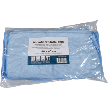 Un emballage en plastique transparent contient 10 chiffons en microfibre Shiny-Stretch bleus de la société Abena Re-Seller GmbH, chacun mesurant 40x40 cm, avec une étiquette multilingue.