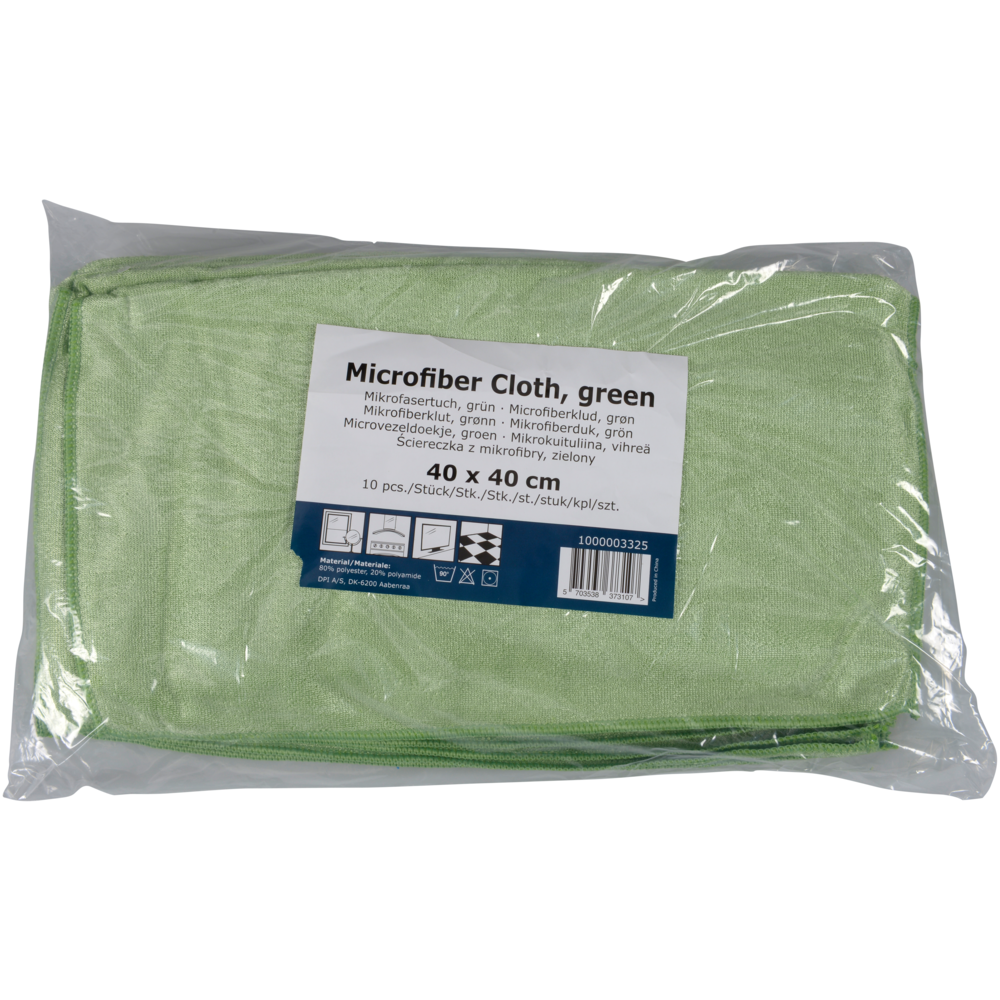 Un paquet de 10 chiffons en microfibre Shiny-Stretch de la société Abena Re-Seller GmbH, chacun mesurant 40x40 cm, est plié et scellé dans un sac en plastique transparent avec une inscription multilingue.