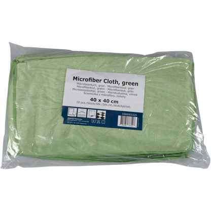 Un paquet de 10 chiffons en microfibre Shiny-Stretch de la société Abena Re-Seller GmbH, chacun mesurant 40x40 cm, est plié et scellé dans un sac en plastique transparent avec une inscription multilingue.