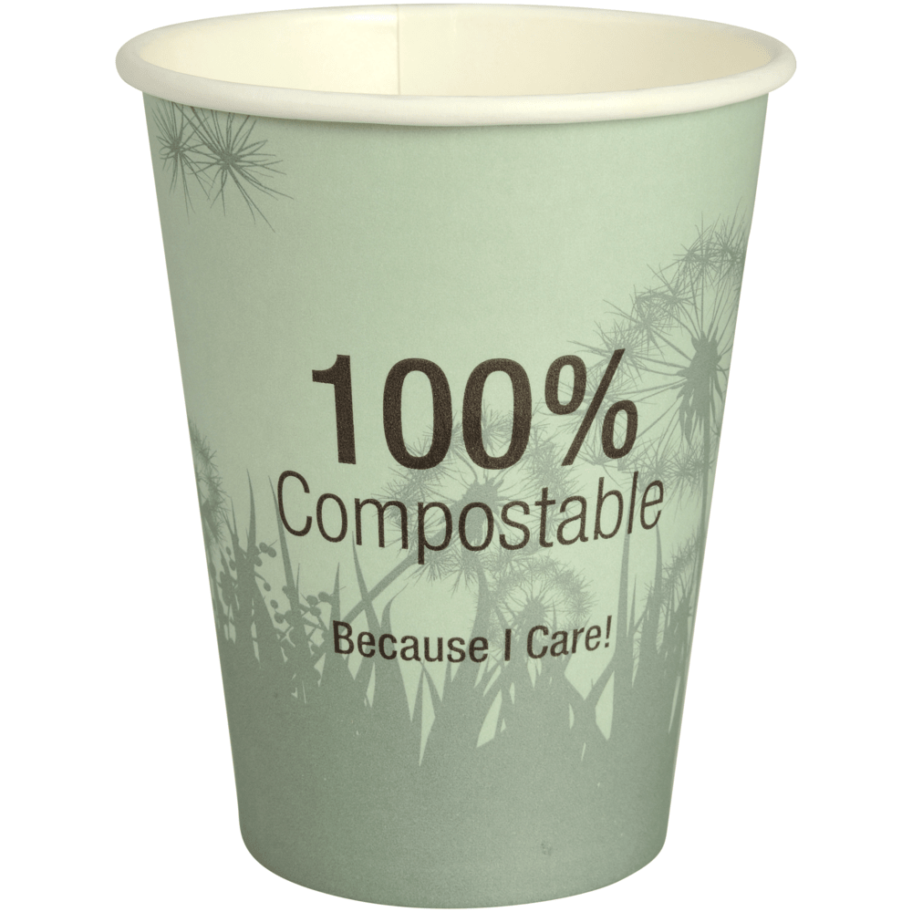 La tasse à café compostable "Dandelion" de Abena Re-Seller GmbH est une tasse verte avec l'inscription "100% Compostable Because I Care!" et un motif discret de pissenlit en arrière-plan.