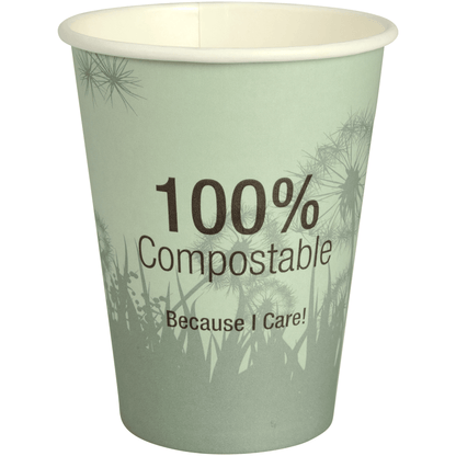 La tasse à café compostable "Dandelion" de Abena Re-Seller GmbH est une tasse verte avec l'inscription "100% Compostable Because I Care!" et un motif discret de pissenlit en arrière-plan.