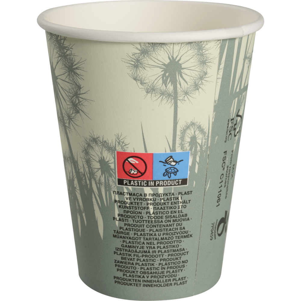La tasse à café compostable "Pissenlit" de Abena Re-Seller GmbH est une tasse en carton avec un motif de pissenlit vert clair; l'étiquette indique "Plastique dans le produit" et des symboles indiquant qu'il n'est pas compostable ou écologique.