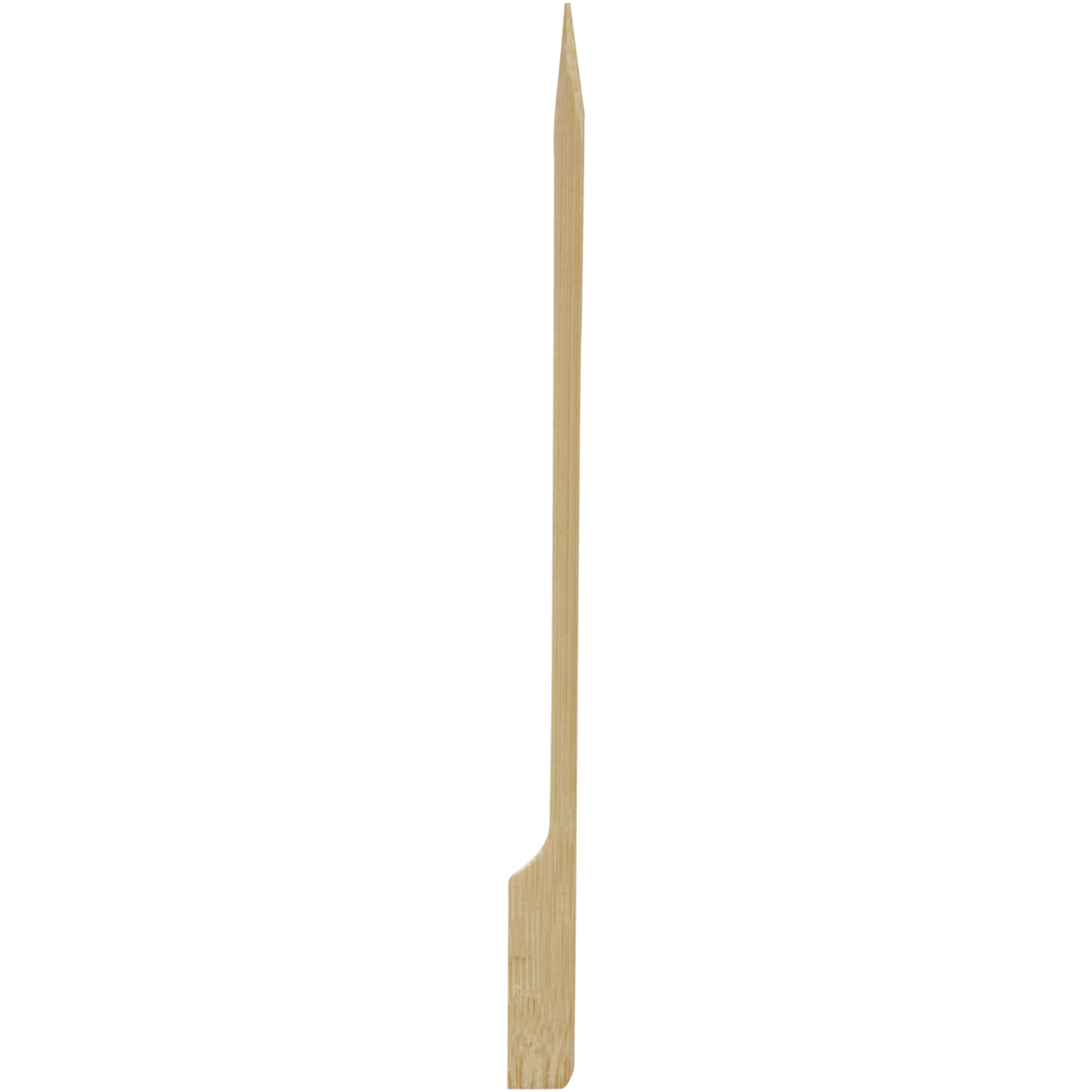 Une brochette en bambou de 15 cm d'Abena Re-Seller GmbH avec un côté pointu et un côté plat, debout sur un fond blanc - Paquet de 100 pièces, idéale comme brochettes de barbecue écologiques.