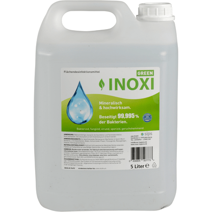 Un récipient de 5 litres en plastique transparent avec un couvercle blanc, étiqueté "Inoxi Green" de Abena Re-Seller GmbH. L'étiquette vert-blanc indique qu'il s'agit d'un désinfectant de surface minéral qui tue 99,995 % des bactéries.