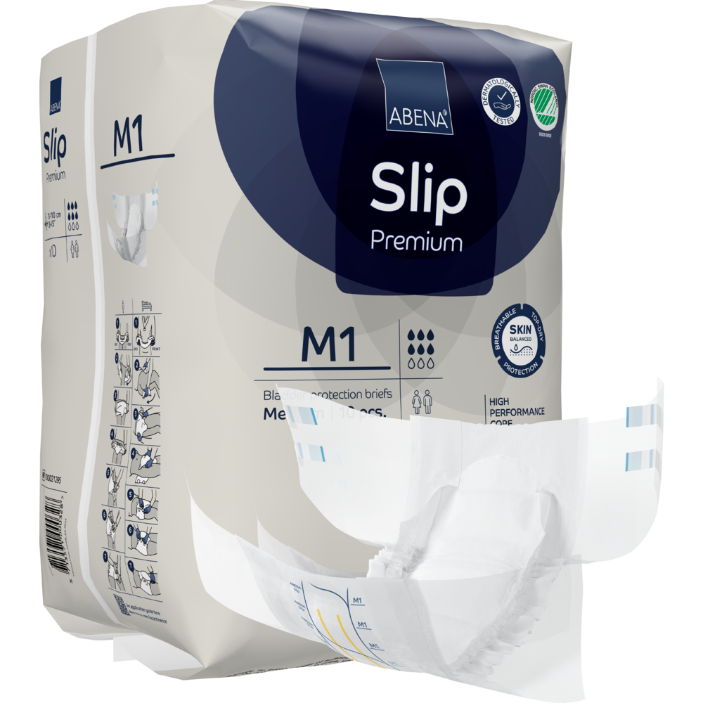 Un emballage de ABENA Slip Premium de Abena Re-Seller GmbH est montré, avec un slip partiellement retiré pour montrer le design. L'emballage met en avant les détails du produit et les icônes pour les caractéristiques principales.