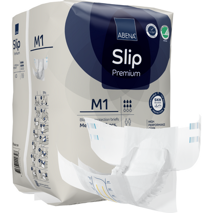 Un emballage de ABENA Slip Premium de Abena Re-Seller GmbH est montré, avec un slip partiellement retiré pour montrer le design. L'emballage met en avant les détails du produit et les icônes pour les caractéristiques principales.