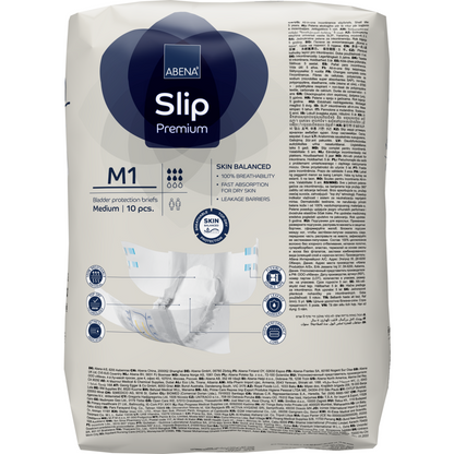 Un paquet de ABENA Slip Premium de Abena Re-Seller GmbH, taille moyenne, 10 pièces. Conçu pour la prise en charge de l'incontinence avec un emballage multilingue contenant des caractéristiques, des certifications et des instructions d'utilisation.