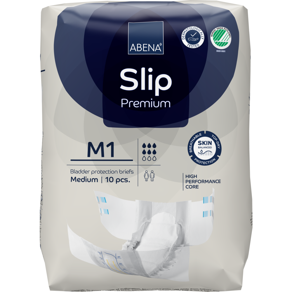 ABENA Slip Premium de Abena Re-Seller GmbH, taille moyenne, paquet de 10. Conçu pour la prise en charge de l'incontinence avec un noyau haute performance et une protection avancée de la peau, comme indiqué sur l'emballage.