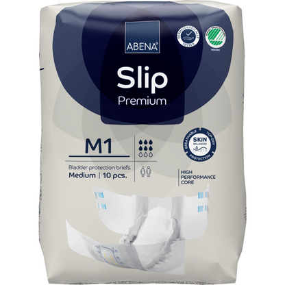 ABENA Slip Premium de Abena Re-Seller GmbH, taille moyenne, paquet de 10. Conçu pour la prise en charge de l'incontinence avec un noyau haute performance et une protection avancée de la peau, comme indiqué sur l'emballage.