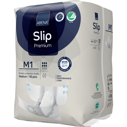 Un paquet de ABENA Slip Premium de Abena Re-Seller GmbH, taille M1 (moyenne), contient 10 pièces et se distingue par des matériaux respectueux de la peau et un noyau puissant pour une protection efficace contre l'incontinence.