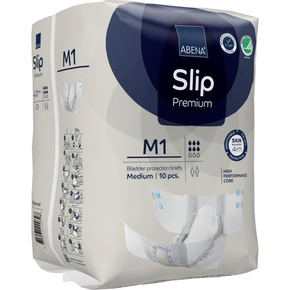 Le paquet de 10 ABENA Slip Premium de Abena Re-Seller GmbH, taille moyenne, se distingue par un matériau respectueux de la peau, un noyau puissant et un guide illustré pour une prise en charge optimale de l'incontinence.
