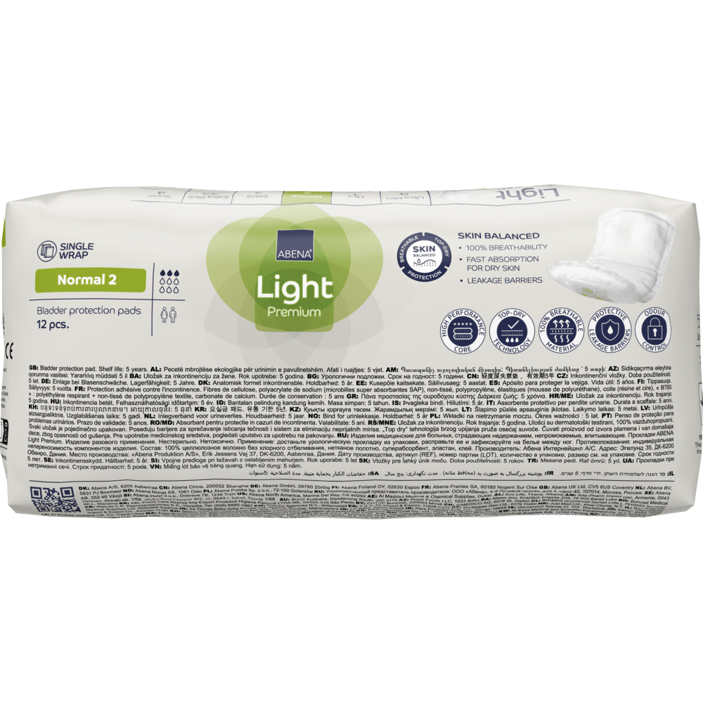 Un paquet ABENA Light Normal 2, Premium de Abena Re-Seller GmbH (12 pièces) offre une protection de niveau 2 contre les fuites avec une capacité d'absorption, un équilibre cutané, une absorption rapide et des barrières liquides pour une protection efficace.