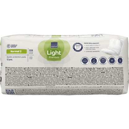 Un paquet ABENA Light Normal 2, Premium de Abena Re-Seller GmbH (12 pièces) offre une protection de niveau 2 contre les fuites avec une capacité d'absorption, un équilibre cutané, une absorption rapide et des barrières liquides pour une protection efficace.
