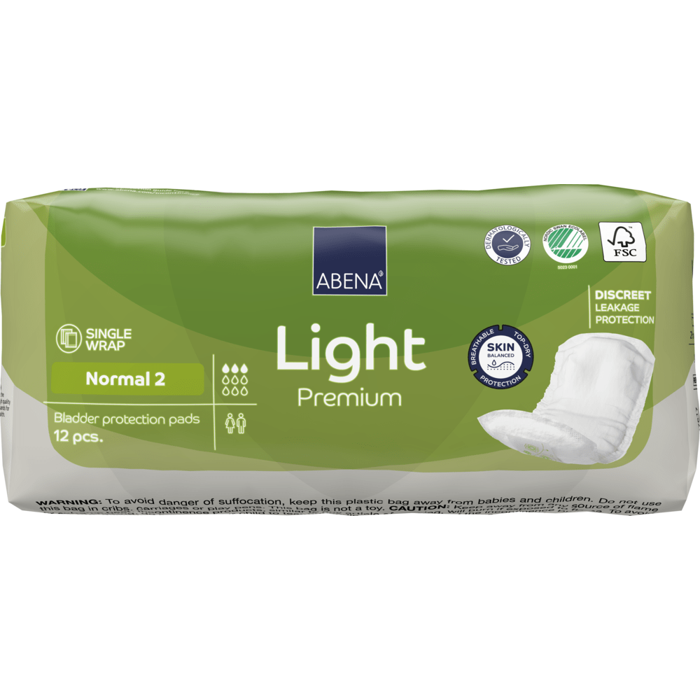 Un paquet ABENA Light Normal 2, Premium de Abena Re-Seller GmbH (12 pièces) offre une protection discrète contre les fuites et une haute capacité d'absorption. L'emballage vert et blanc présente des informations sur le produit et des pictogrammes pour montrer les avantages supplémentaires.