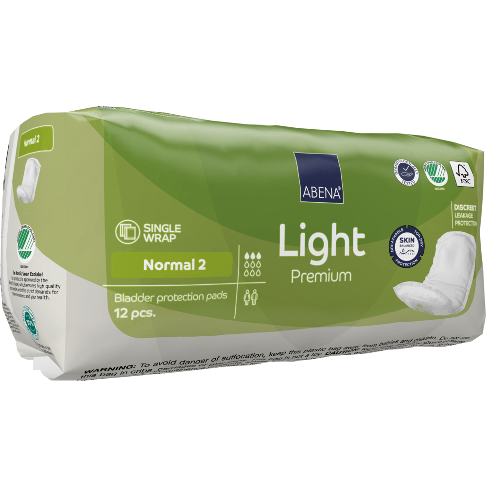 Un paquet vert ABENA Light Normal 2, Premium de Abena Re-Seller GmbH contient 12 serviettes. L'emballage contient des informations sur la capacité d'absorption, les principaux avantages du produit et des symboles pour la compatibilité cutanée et la protection discrète.