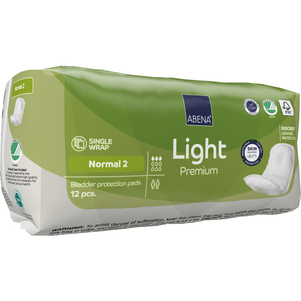 Eine grüne Packung ABENA Light Normal 2, Premium von Abena Re-Seller GmbH enthält 12 Binden. Die Verpackung enthält Angaben zur Saugfähigkeit, die wichtigsten Produktvorteile und Symbole für Hautfreundlichkeit und diskreten Schutz.