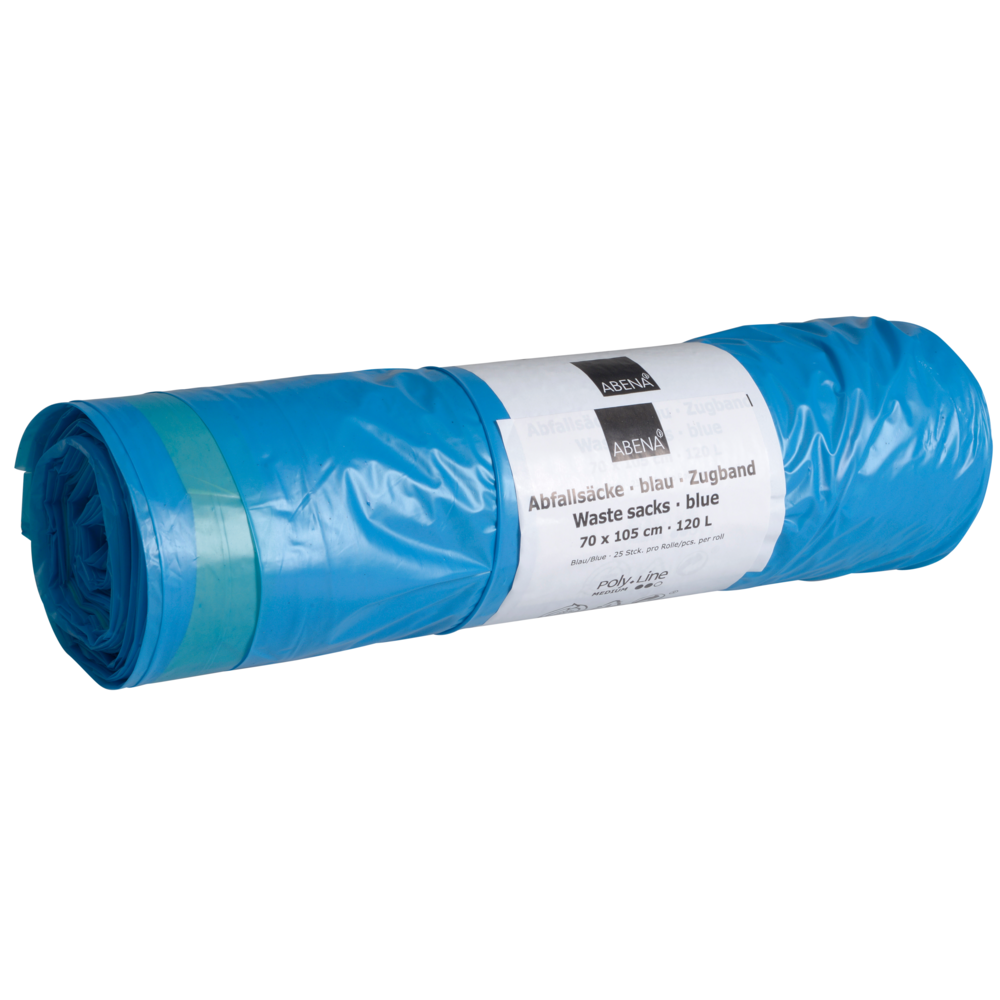Un rouleau de sacs poubelle Abena Re-Seller GmbH 120 L avec lien de serrage, 700x1050mm, 38 my, bleu; étiquette blanche avec informations en allemand/anglais. Chaque rouleau contient 25 sacs, idéal pour l'élimination des déchets.