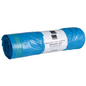 Un rouleau de sacs poubelle Abena Re-Seller GmbH 120 L avec lien de serrage, 700x1050mm, 38 my, bleu; étiquette blanche avec informations en allemand/anglais. Chaque rouleau contient 25 sacs, idéal pour l'élimination des déchets.