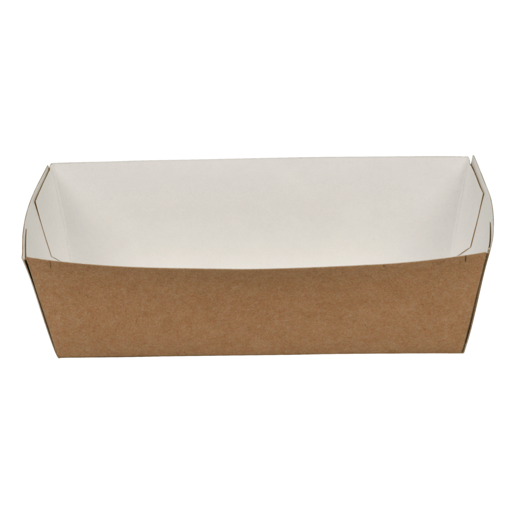 Le plateau à frites, Kraft de Abena Re-Seller GmbH est un simple plateau rectangulaire en papier kraft brun avec un intérieur blanc - un emballage alimentaire écologique, présenté vide sur fond blanc.