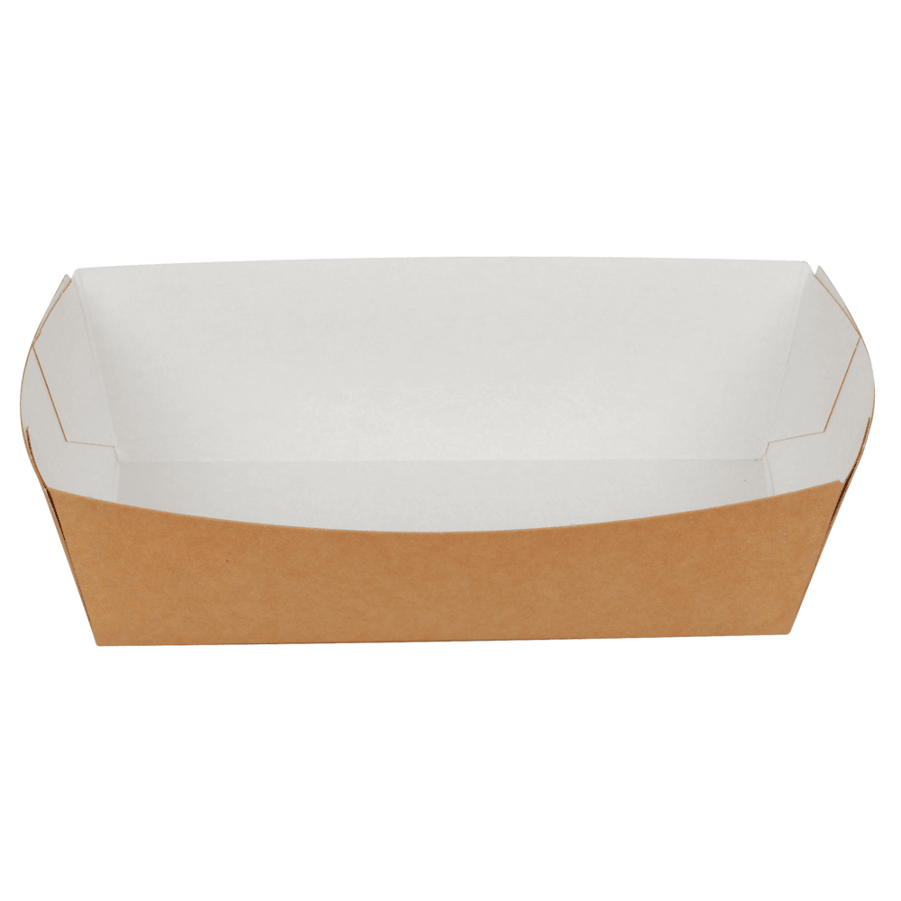 L'image montre un plateau à frites vide de taille moyenne de la société Abena Re-Seller GmbH, fabriqué en papier kraft écologique, sur fond blanc. Le plateau rectangulaire simple a des côtés inclinés et est livré dans un paquet de 90 pièces.