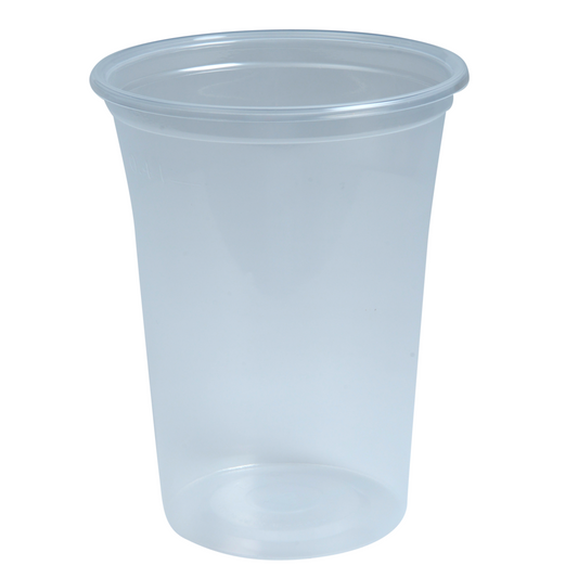 Abgebildet ist ein transparentes Abena Re-Seller GmbH Trinkglas aus bruchfestem Polypropylen vor einem weißen Hintergrund. Dieser spülmaschinenfeste Becher hat einen leicht ausgestellten Rand und glatte Seiten.