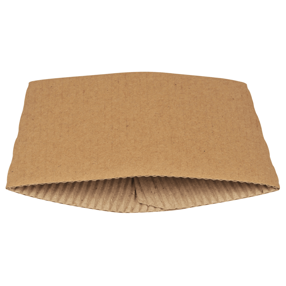 Une manchette de tasse à café Java marron de Abena Re-Seller GmbH, adaptée pour des tasses de 36 et 48 cl, illustrée avec l'ouverture vers l'avant. Vendue en paquet de 100 pièces.