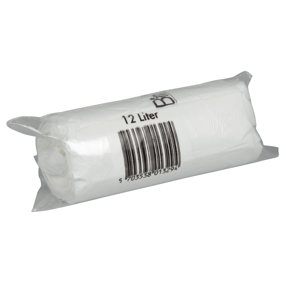 Un rouleau de sacs Abena Re-Seller GmbH Bin Line 12 L, 400x570 mm, 10 my blanc LLDPE (20 sacs) est livré dans un emballage transparent avec l'inscription "12 L" et un code-barres sur l'emballage.