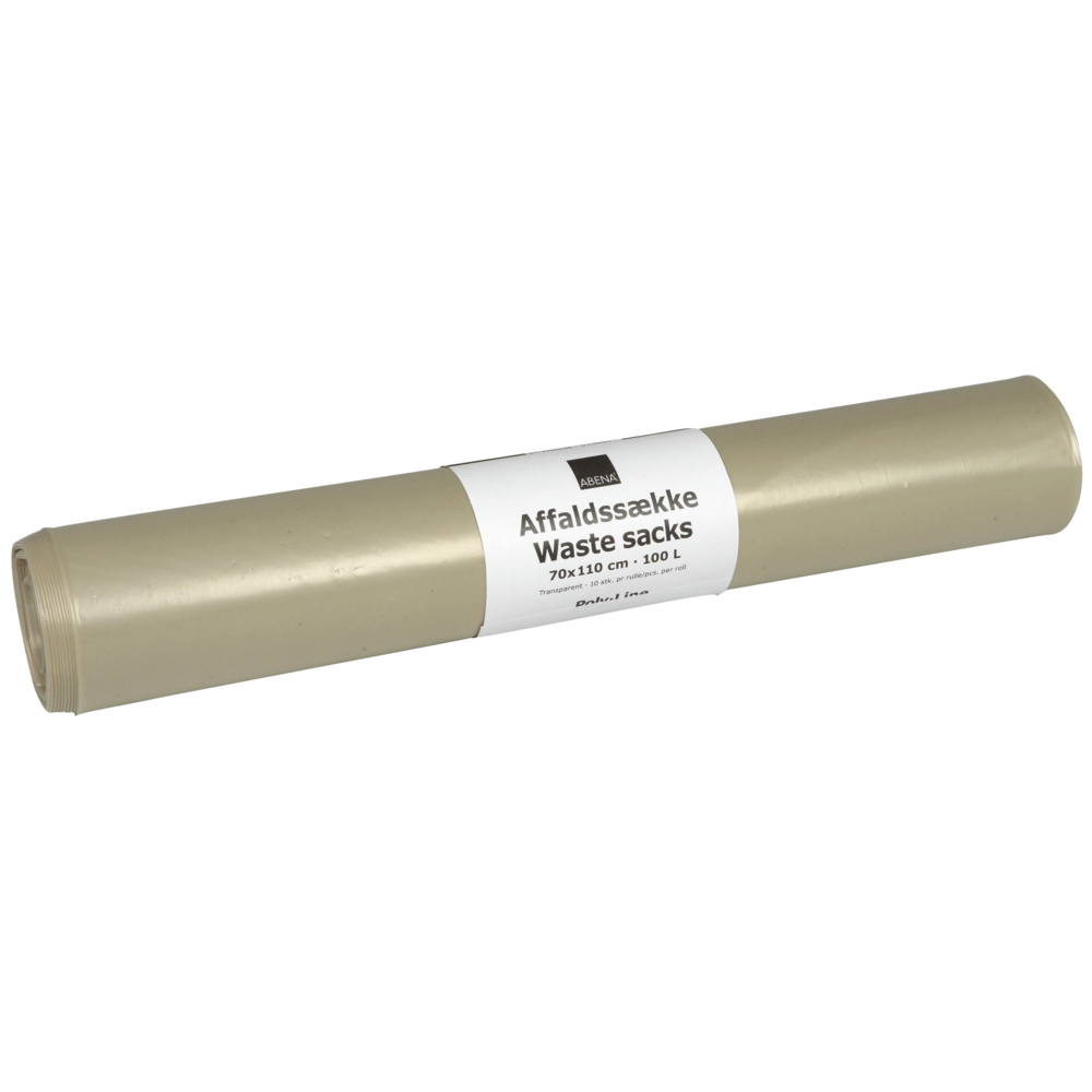 Eine Rolle transparenter Abena Re-Seller GmbH Abfallsäcke, 120 L Fassungsvermögen, 700x1100 mm Größe, hergestellt aus 55 my LDPE; enthält 10 Beutel pro Rolle.