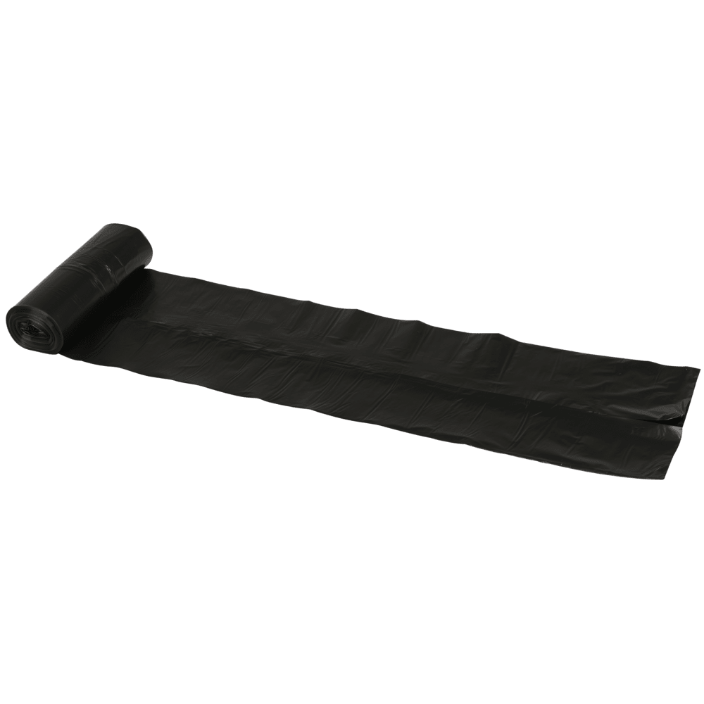 Un rouleau partiellement déroulé de sacs à déchets Abena Re-Seller GmbH 120 L, Noir (25 my LLDPE), rouleau de 10 sacs, repose sur un fond blanc, tandis que le reste des sacs poubelles est enroulé à la fin.