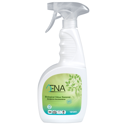 La bouteille vaporisateur blanche avec l'inscription "ENA Éliminateur Biologique d'Odeurs" de Abena Re-Seller GmbH a un design vert et blanc avec un graphique de feuille et une tête de pulvérisation transparente avec gâchette.