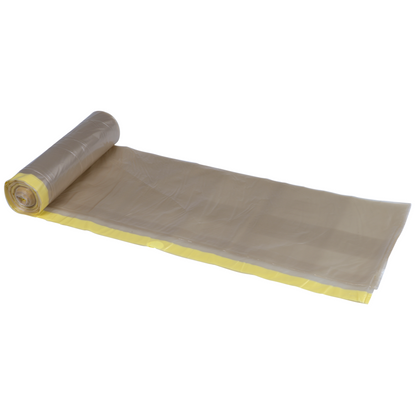 Un rouleau partiellement déroulé de sacs à déchets Abena Re-Seller GmbH 120 L, transparent avec corde jaune (700x1010mm, 55 my), 10 sacs par rouleau, est présenté sur fond blanc.