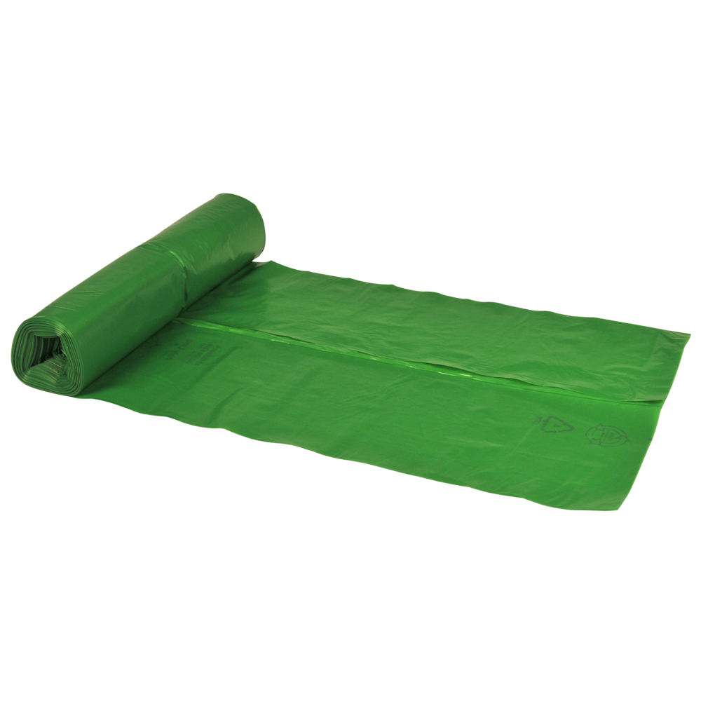 Un rouleau de sacs poubelle Abena Re-Seller GmbH de 120 L, 700x1100 mm, 34 my LDPE en vert (rouleau de 25 sacs) est partiellement déroulé sur un fond blanc ; les sacs sont neufs, non utilisés et ornés de symboles de recyclage visibles.