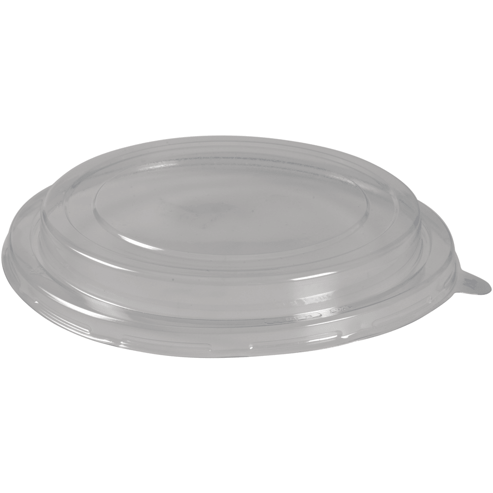 Le couvercle RPET transparent pour bol (ø 18,7 cm) de Abena Re-Seller GmbH repose à plat sur un fond blanc ; il possède un centre légèrement surélevé et une languette pour le retirer sur un bord. Paquet de 50 pièces.