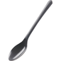 Une cuillère réutilisable (18,5 cm, noire, PP) de Abena Re-Seller GmbH d'un paquet de 50 pièces repose avec une poignée légèrement courbée en biais sur un fond blanc simple.