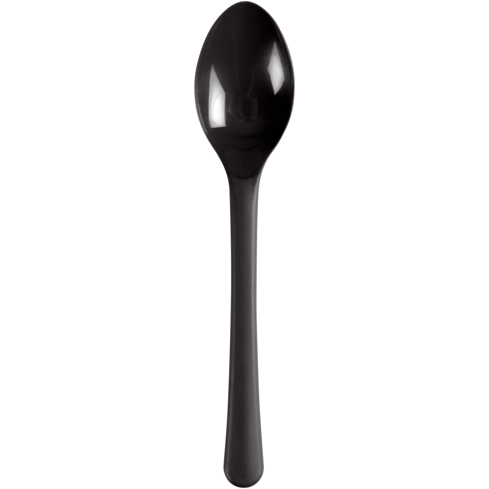 Une cuillère à thé noire réutilisable écologique (14 cm) en polypropylène de Abena Re-Seller GmbH est visible sur fond blanc, verticalement avec le manche en bas et le bol de la cuillère en haut. Paquet : 100 pièces.