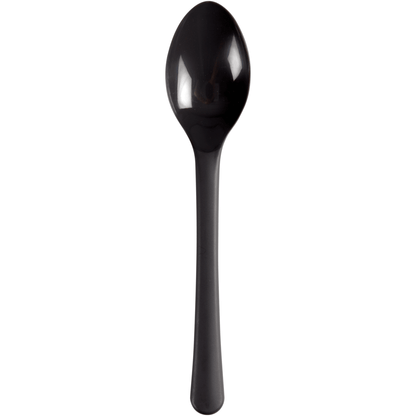Une cuillère à thé noire réutilisable écologique (14 cm) en polypropylène de Abena Re-Seller GmbH est visible sur fond blanc, verticalement avec le manche en bas et le bol de la cuillère en haut. Paquet : 100 pièces.