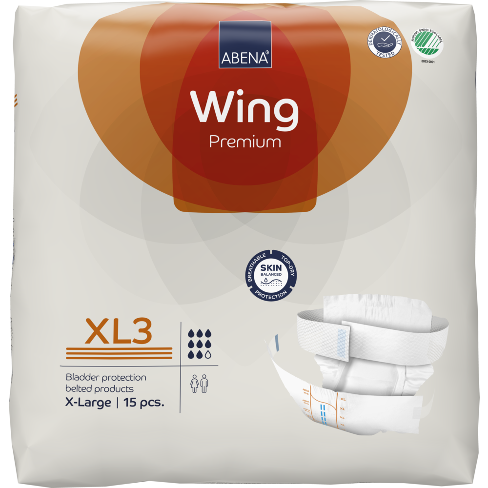 Un paquet ABENA Wing Premium de Abena Re-Seller GmbH, taille X-Large, 15 pièces, avec l'image du produit et les icônes pour une protection ultime, capacité d'absorption et facilité d'utilisation.